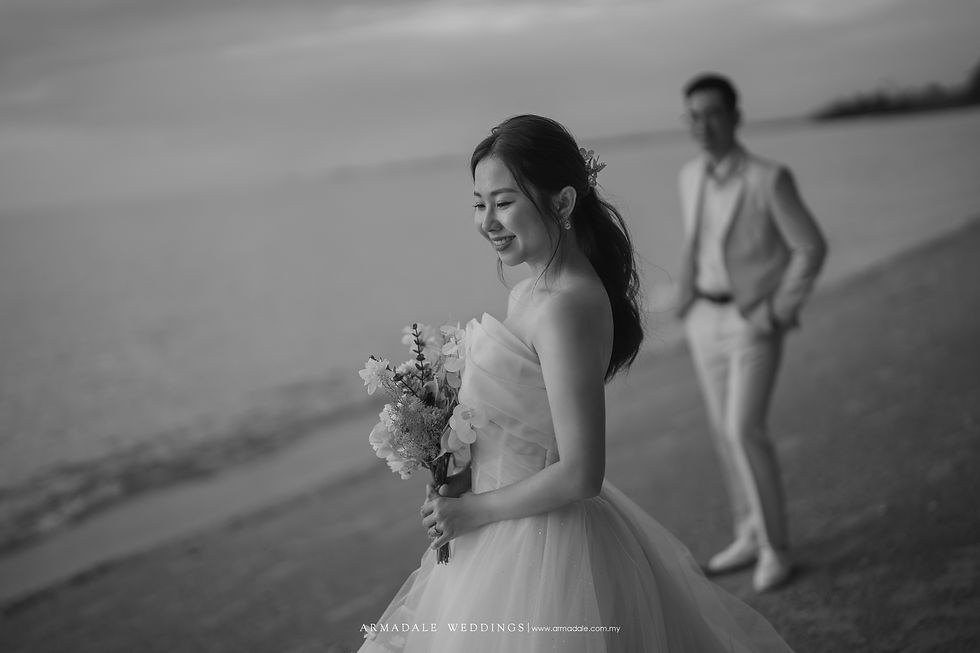 Pre-wedding photography at Port Dickson, featuring Armadale Wedding Gowns