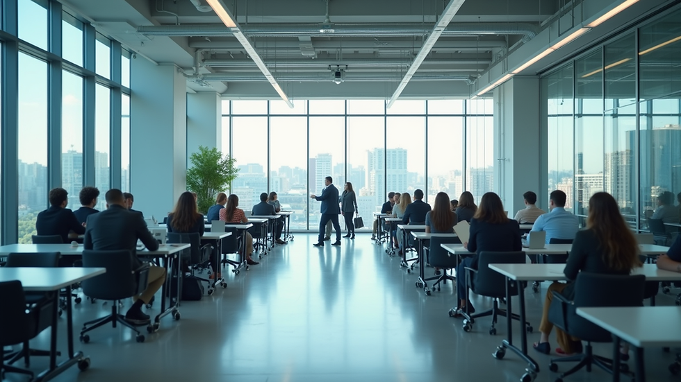 Vista aérea de oficinas modernas con equipos tecnológicos