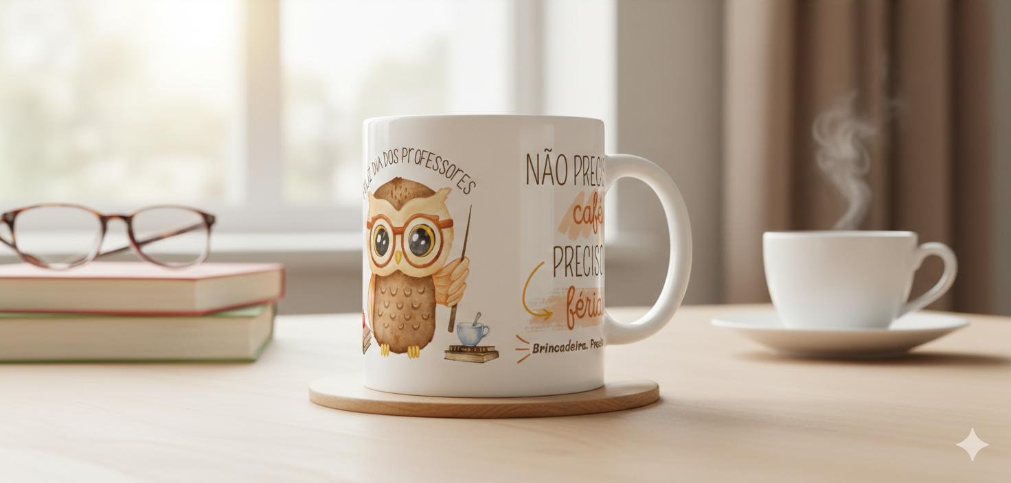 Caneca Personalizada Corujinha Sábia – "Não preciso de café, preciso de férias!"