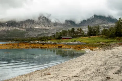 Red typical house in Lofoten landscape