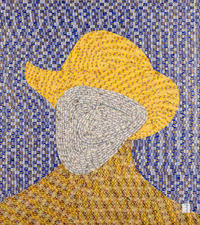 Van Gogh hat; stamp art; postage stamp art; portrait with stamps; London art gallery; Notting Hill Gallery; Art gallery in Notting Hill