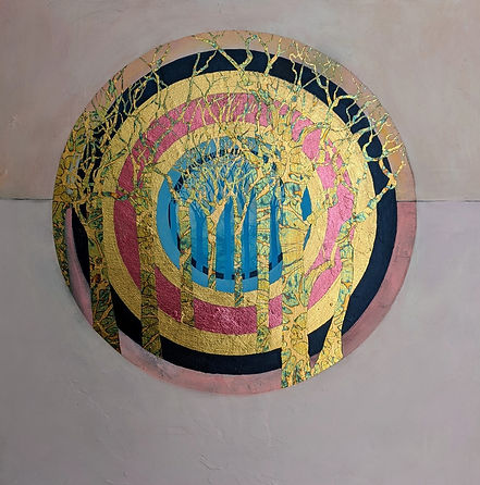 Circle of Life Pink, painting by Lorraine Thorne with pink circle and gold trees, featuring in NoonPowell Summer Show 2020