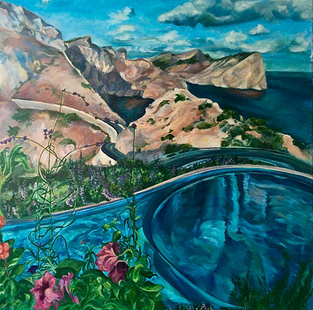 Merging Memories, Mallorca, oil on canvas landscape painting by Dido Powell, scenes of Majorca, featuring in NoonPowell Summer Show 2020