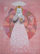 Here is the Seashell - Surreal painting of female figure with dress and white cat head floating holding wand Alexandra Eldridge