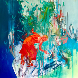 painting of red figure. red lady. painting by Mark Thibeault