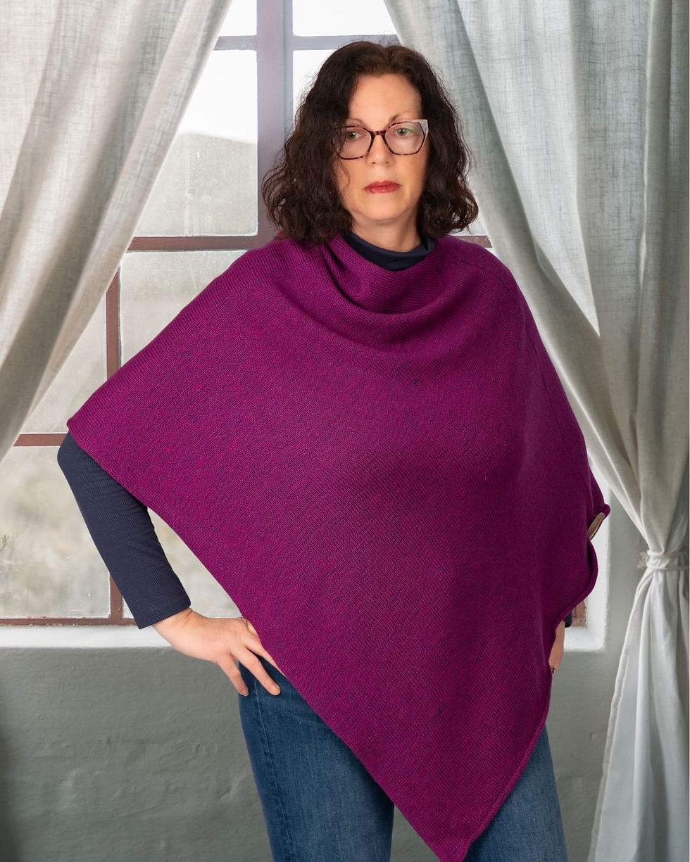 Thumbnail: Cerise Pink Women's Poncho, Merino Wool Knitted Poncho.