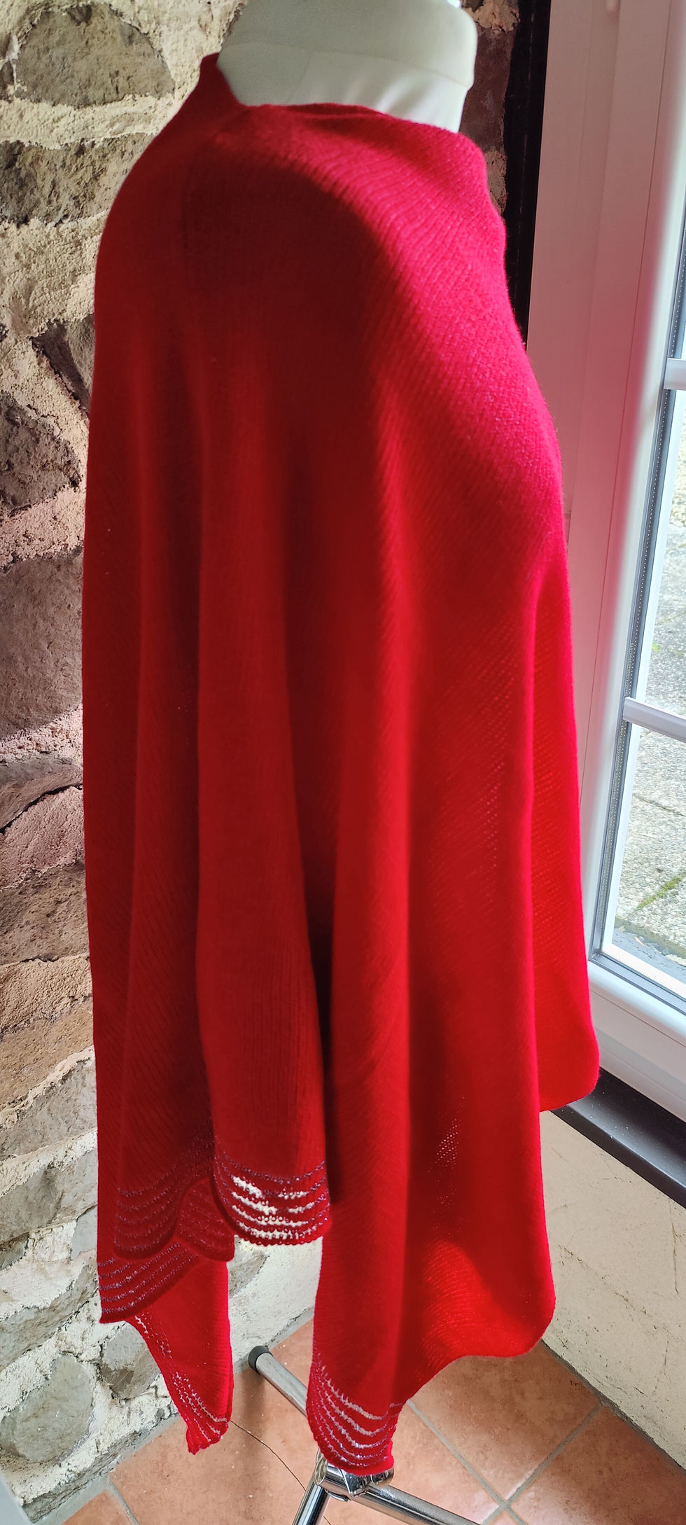 Thumbnail: Let it Snow Berry Red Poncho. Knitted and ready to post.