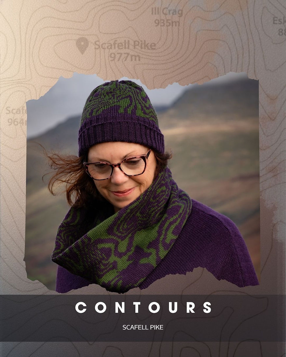 Thumbnail: Contours Collection - Scafell Pike, Green and Purple Merino Wool Cowl