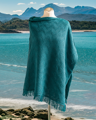 Teal, textured waves merino wool poncho