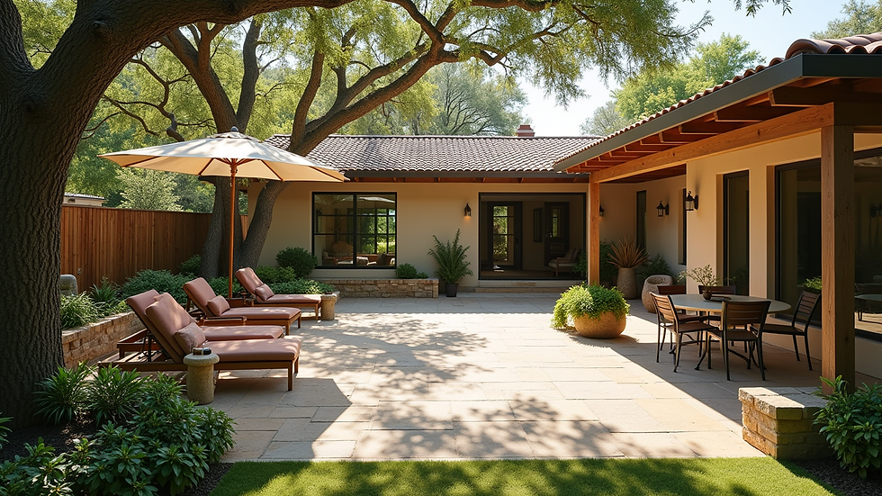 High angle view of a renovated San Antonio backyard with shaded patio and landscaping