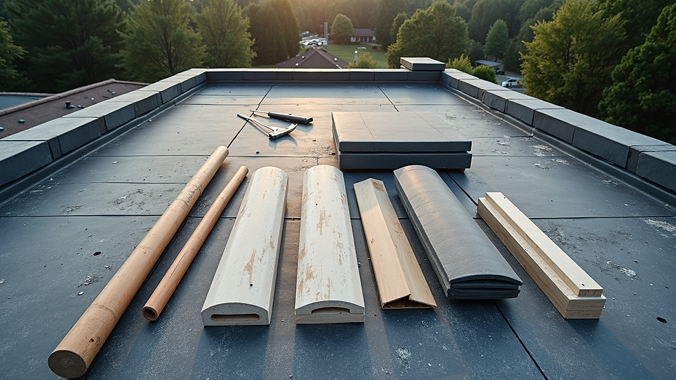 High angle view of roofing materials and tools laid out on a roof ready for installation
