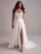 Front view of Maggie Sottero Karena lace and chiffon boho corset wedding dress with unique corset bodice and thigh-high slit