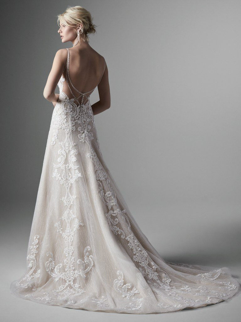 Back view of Sottero and Midgley Rowland dropped waist regal inspired A-line wedding dress with sparkle back detail