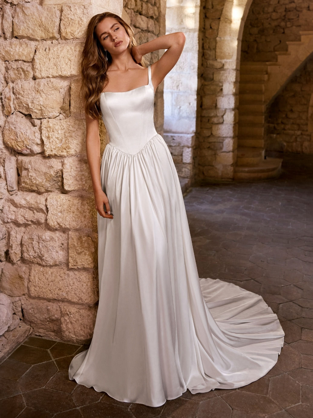 Front view of Gabbes by Etoile satin A-line wedding dress with square neckline and basque waist