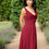 Thumbnail: Close up of Honora HN4040 cowl neck, A-line bridesmaid dress in burgundy colourway