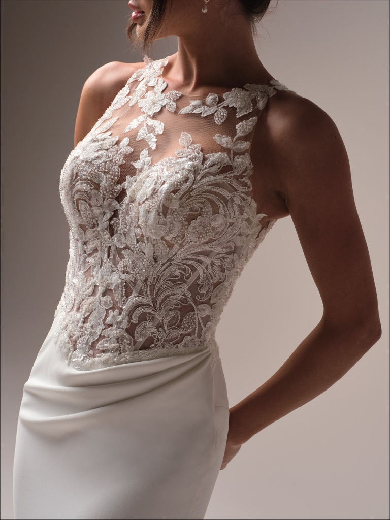 Thumbnail: Close up of bodice of Maggie Sottero Florentina luxe halter neck crepe lace sexy fit-and-flare wedding gown