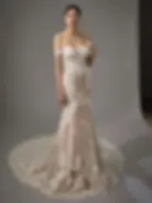 Front view of Blue by Enzoani Mareena lace fit and flare wedding dress with lace off shoulder cap sleeves