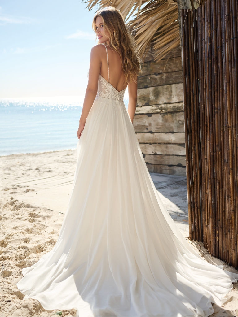 Thumbnail: Back view of Rebecca Ingram Gayle chiffon A-line wedding dress with plunging neckline and beaded bodice