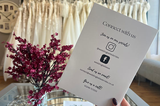 Image of a leaflet displaying social links and contact details for Wedding Belles