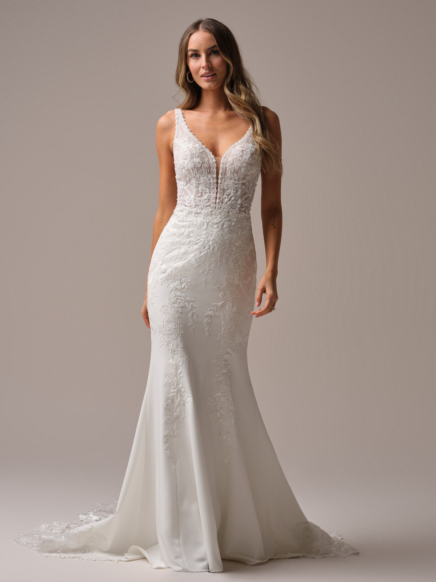 Front view of Rebecca Ingram Larissa Boho deep-V detailed fit-and-flare bridal gown