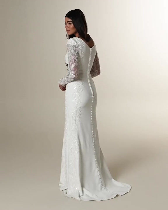 Thumbnail: Video of Maggie Sottero Navi Leigh illusion lace sleeves and modest high neckline wedding dress