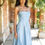 Thumbnail: Front view of Honora HN4034 satin A-line bridesmaid dress with ruched bodice and tie back detail in cornflower colourway