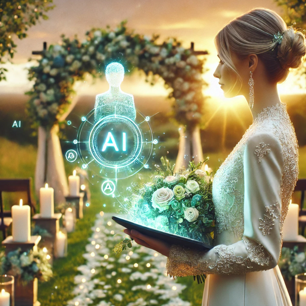 Das Bild symbolisiert die innovative Verbindung von traditioneller Arbeit als Traurednerin mit den Möglichkeiten moderner KI-Tools. Es zeigt, wie KI-Technologie kreative Prozesse unterstützt, ohne die emotionale und persönliche Handschrift der Rednerin zu ersetzen. Die Farbgestaltung in Grün und Weiß steht für Authentizität und Natürlichkeit, während die holografischen Elemente die Zukunftsfähigkeit und Effizienz betonen, die durch KI im Berufsfeld der Trauredner ermöglicht wird.