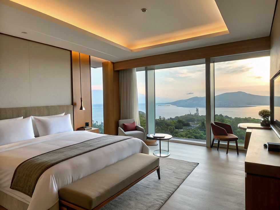 Luxurious bedroom with a king-size bed and stunning sea view through large windows.