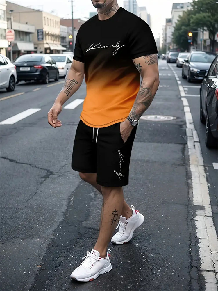 Thumbnail: Men's 2 Pcs 3 D Short Sleeve O-Neck and Drawstring Short