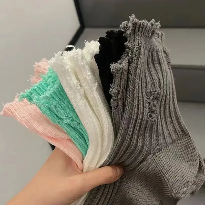 Thumbnail: 1/3pairs Women Ripped Socks Fashion Harajuku Trendy Street Broken Destroyed Sock