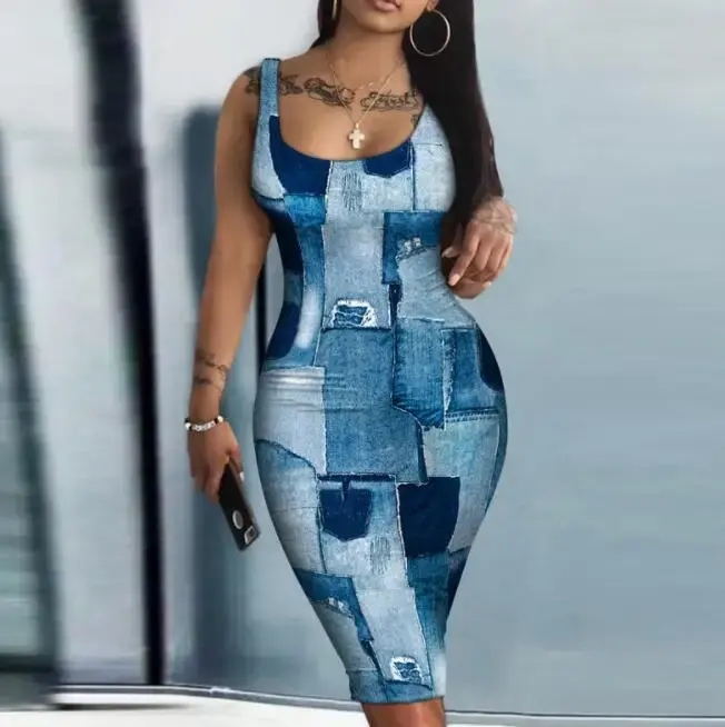 Thumbnail: Abstract Figure Print Sleeveless U-Neck Bodycon Dress Women Spring Summer High W
