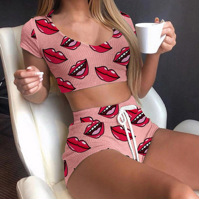 Thumbnail: Summer Short Sexy Casual Lips Print Female Sleepwear Suit Pajamas 2pcs Top Pants