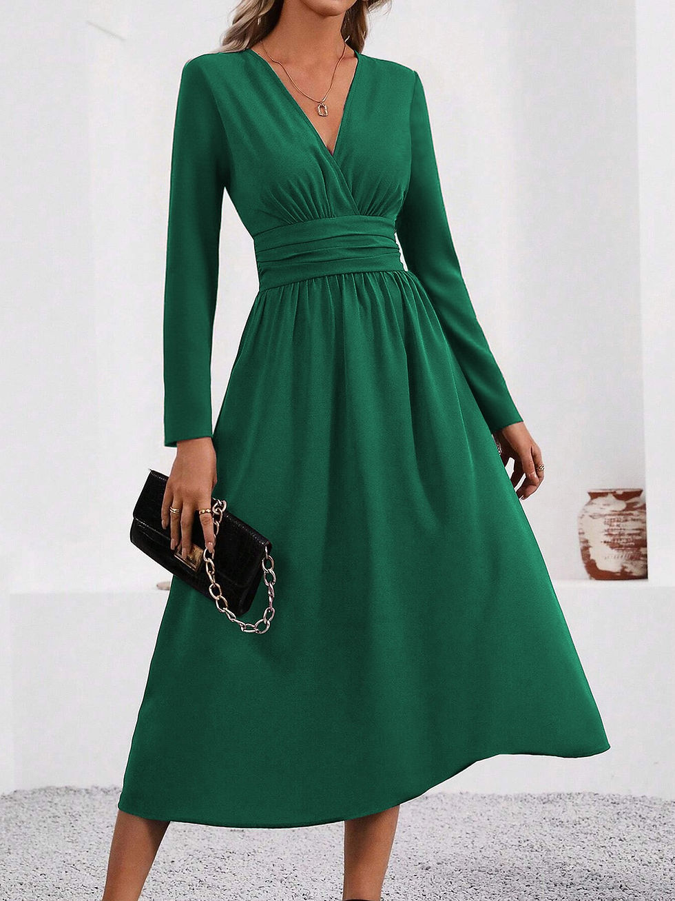 Thumbnail: Elegant Solid Color Knit Dress for Women 2025 Fall Winter Overlap V-Neck Long Sl