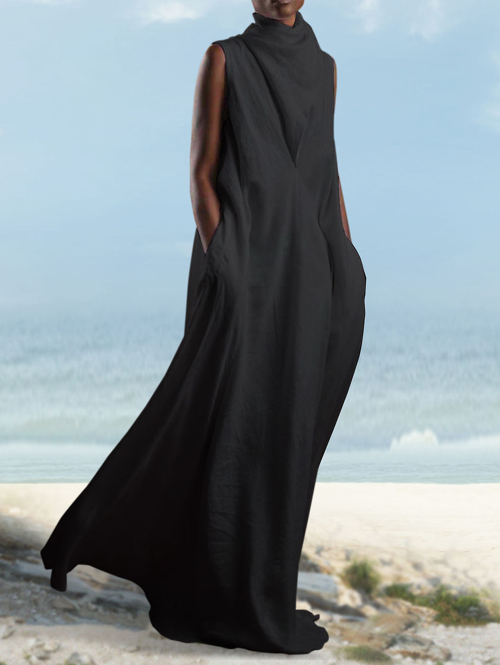 Thumbnail: Women Fashion Linen Dresses Elegant Plain Deep V Neck Sleeveless Linen Flowy Max