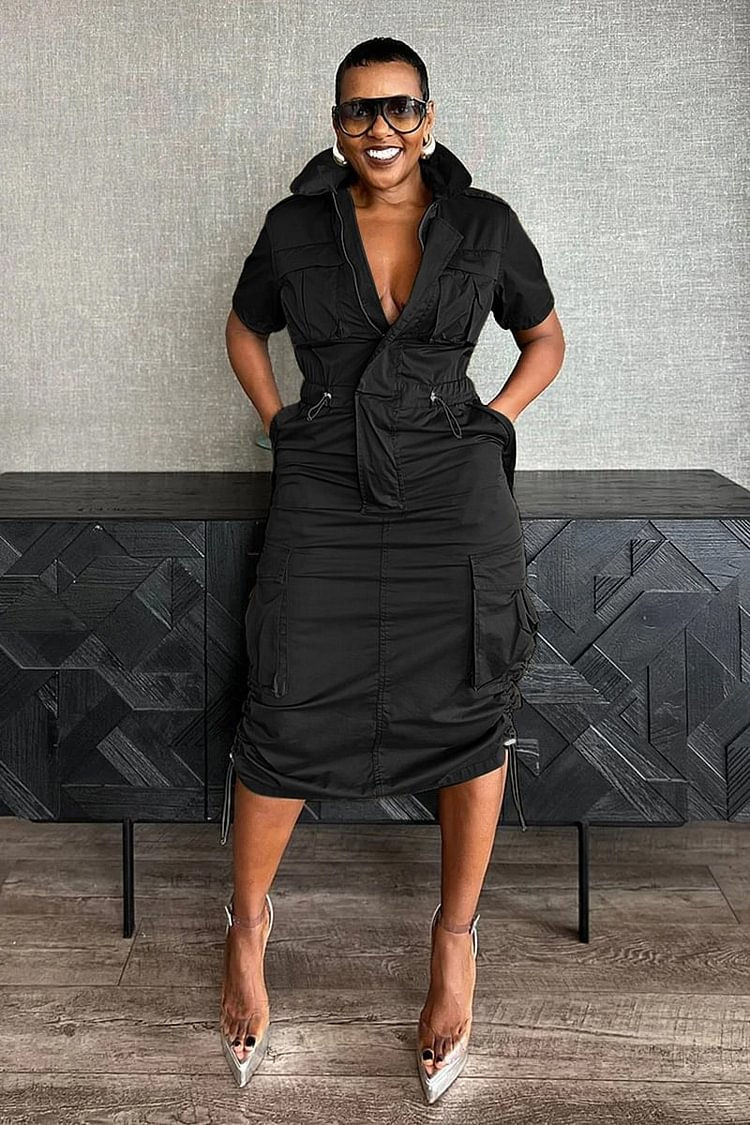 Thumbnail: Cargo Dresses With Multi Pockets, Zipper, Mid-Calf and Turn-Down Collar