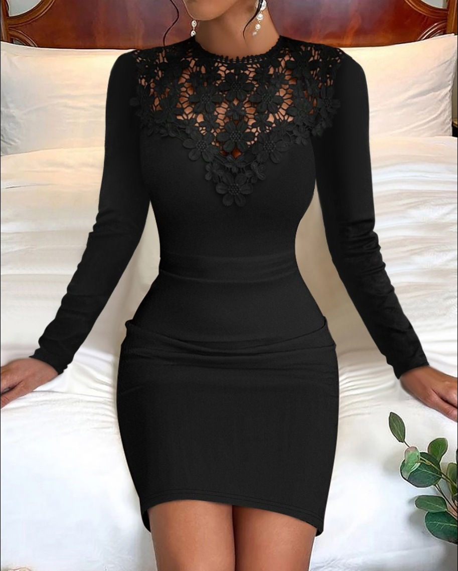 Women 2023 Fall Flower Lace Embroidery Mini Dress Elegant Winter Long Sleeve Wra