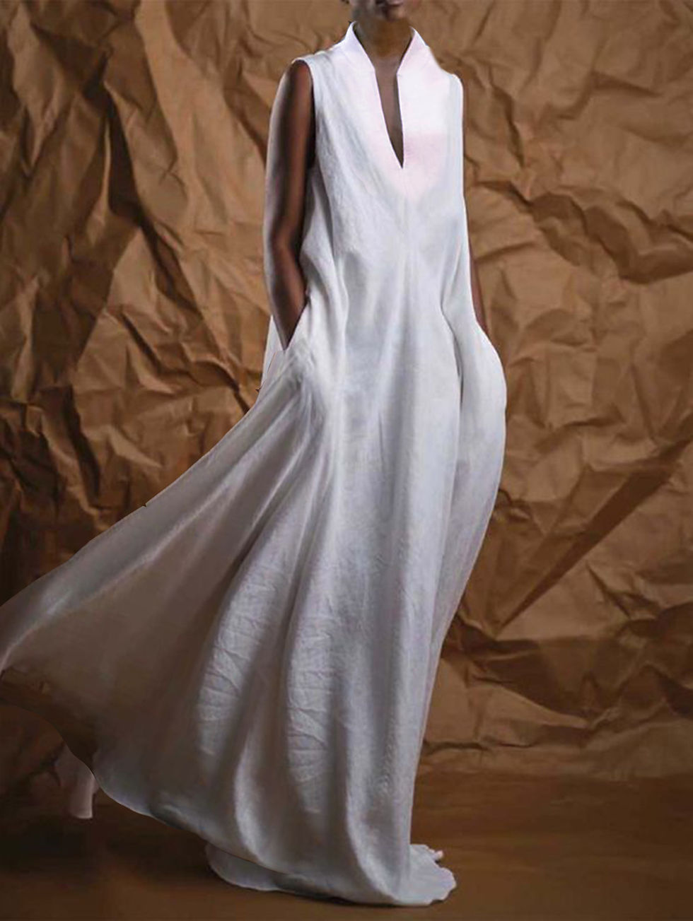Thumbnail: Women Fashion Linen Dresses Elegant Plain Deep V Neck Sleeveless Linen Flowy Max