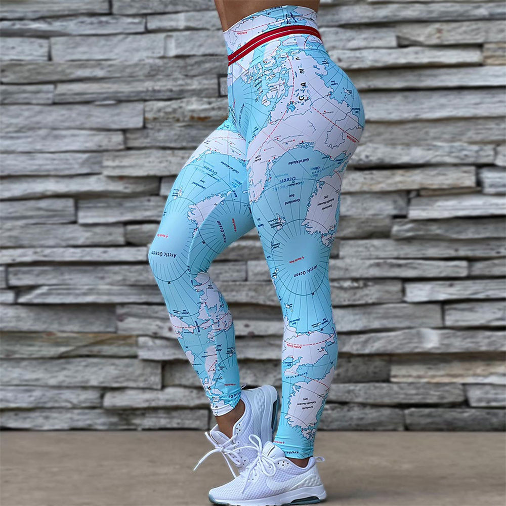 FCCEXIO Map 3D Print High Waist Leggins Fitness Sexy Women Leggings Running Work