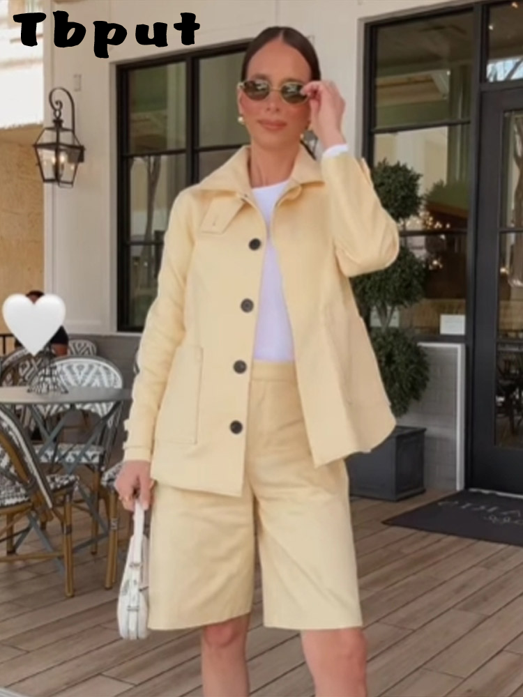 Women's Khaki Jacket Short Pant Set 2 Pieces Stand Collar Single Breasted Long S