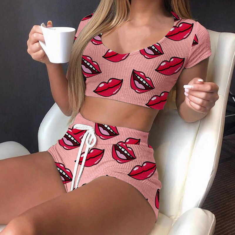 Thumbnail: Summer Short Sexy Casual Lips Print Female Sleepwear Suit Pajamas 2pcs Top Pants