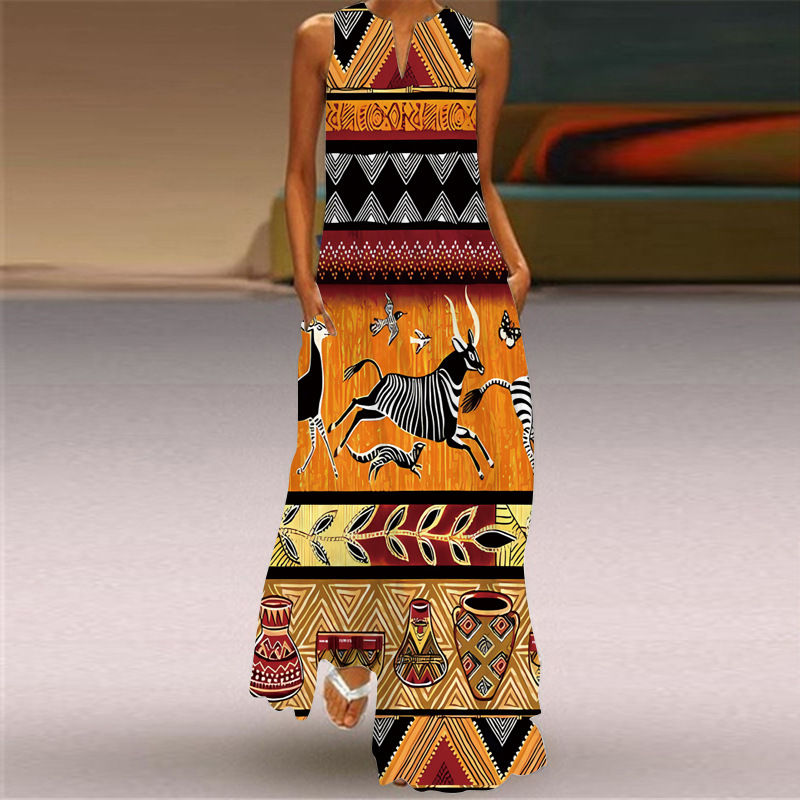 Thumbnail: Vintage Print Maxi Dress For Women Summer Loose Sleeveless Long Dresses Elegant 