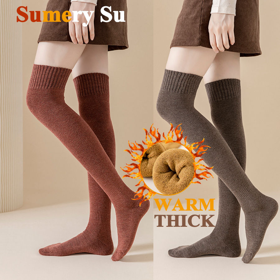 2 Pairs/Lot Winter Warm Thick Stockings Socks Women Over Knee High Hold Up Cotto