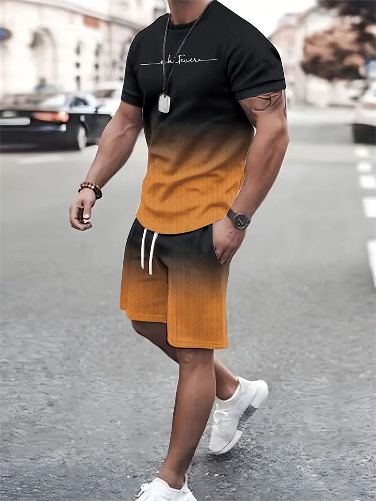 Thumbnail: Men's 2 Pcs 3 D Short Sleeve O-Neck and Drawstring Short