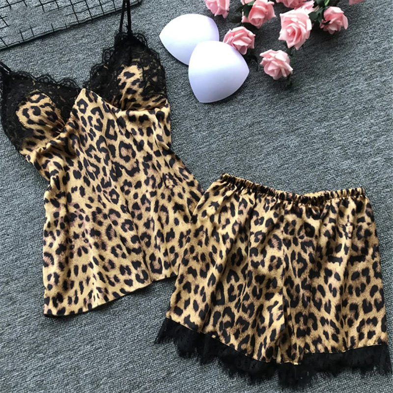 Leopard Print Pajama Two-Piece Lace Patchwork V-Neck Waist Top And Shorts Sexy P