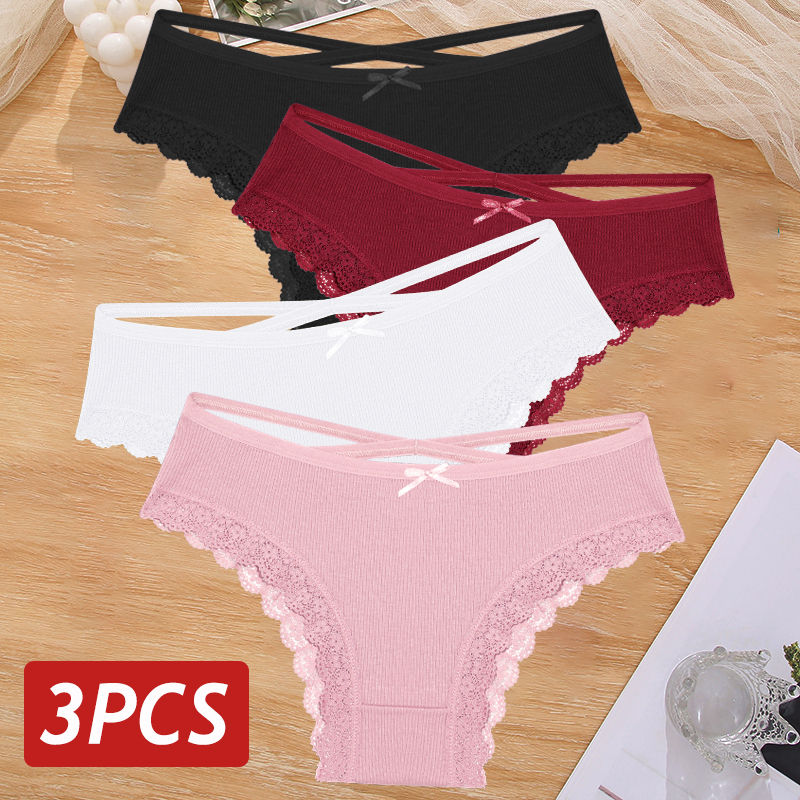 3PCS/Set Women Cotton Panties Sexy Low Rise Lace Brazilian Panties Hollow Out So