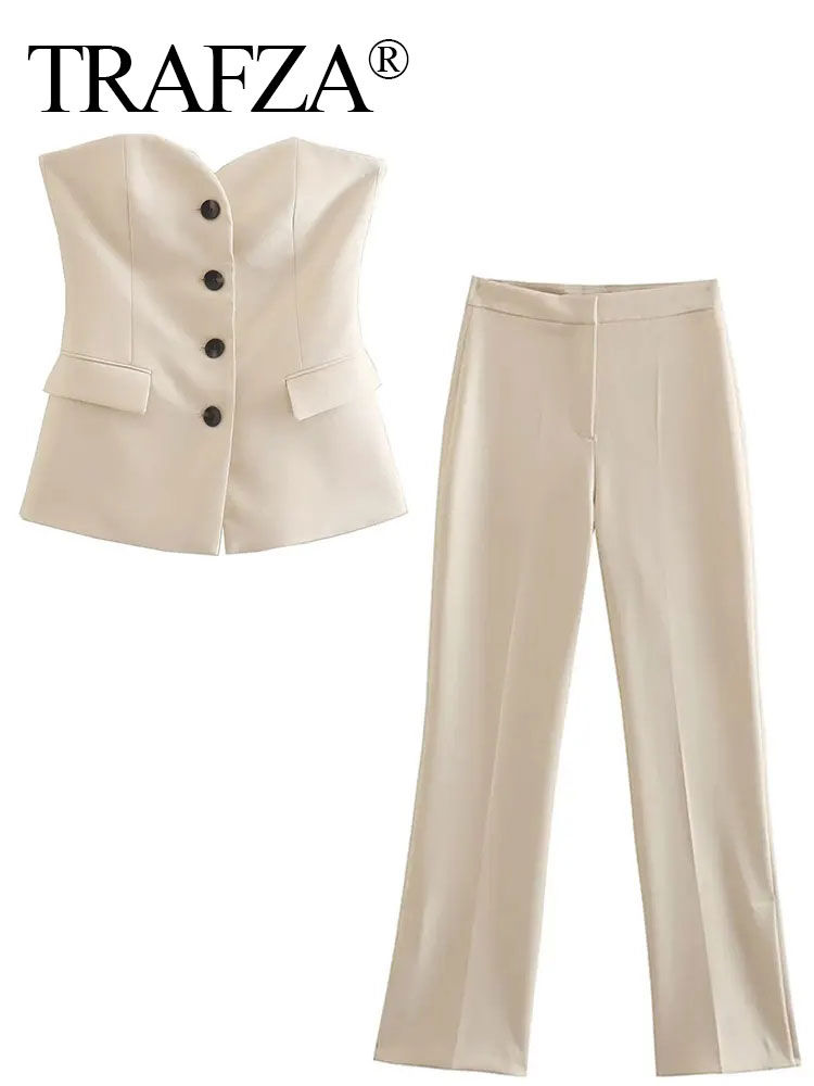 Thumbnail: TRAFZA Women Elegant Solid Pant Suit Front Button Strapless Sexy Tank Tops + Sid