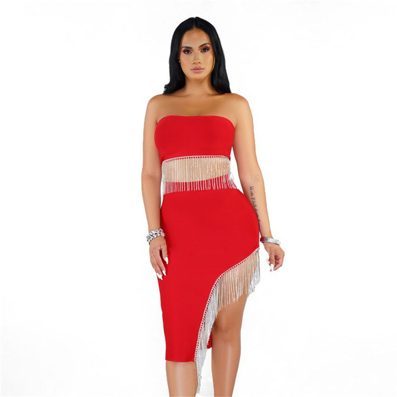 Thumbnail: 2022 Women Fashion Tassel Bandage Sleeveless Mini Backless Crop Top And Skirts 