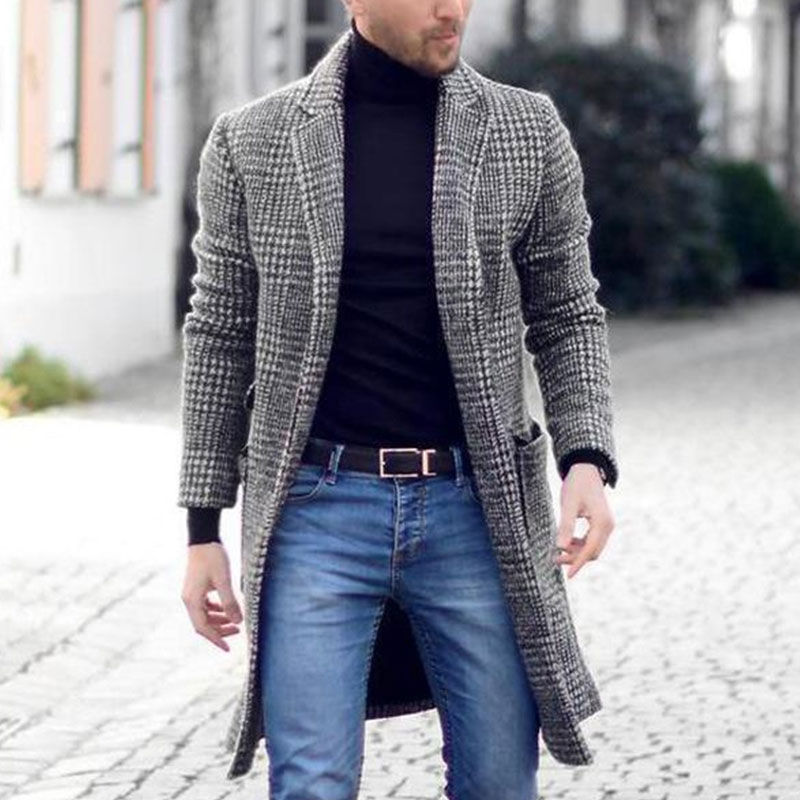 Winter Clothing Men's Fashion Trench Luxury Long Woolen Coat Casual Plaid Button