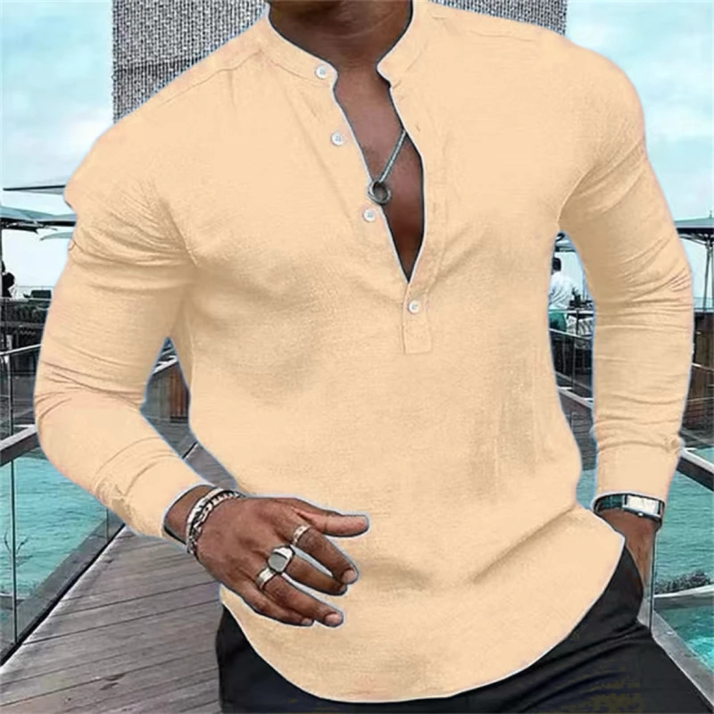 Thumbnail: 2024 Men's Shirt Casual Shirt Long Sleeve Solid Color V-Neck Half Cardigan Loose