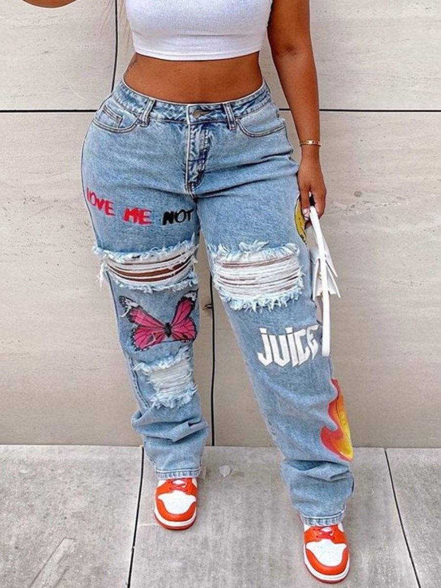 LW Plus Size Butterfly Letter Print Ripped Jeans Women Large Size Denim Fashion 